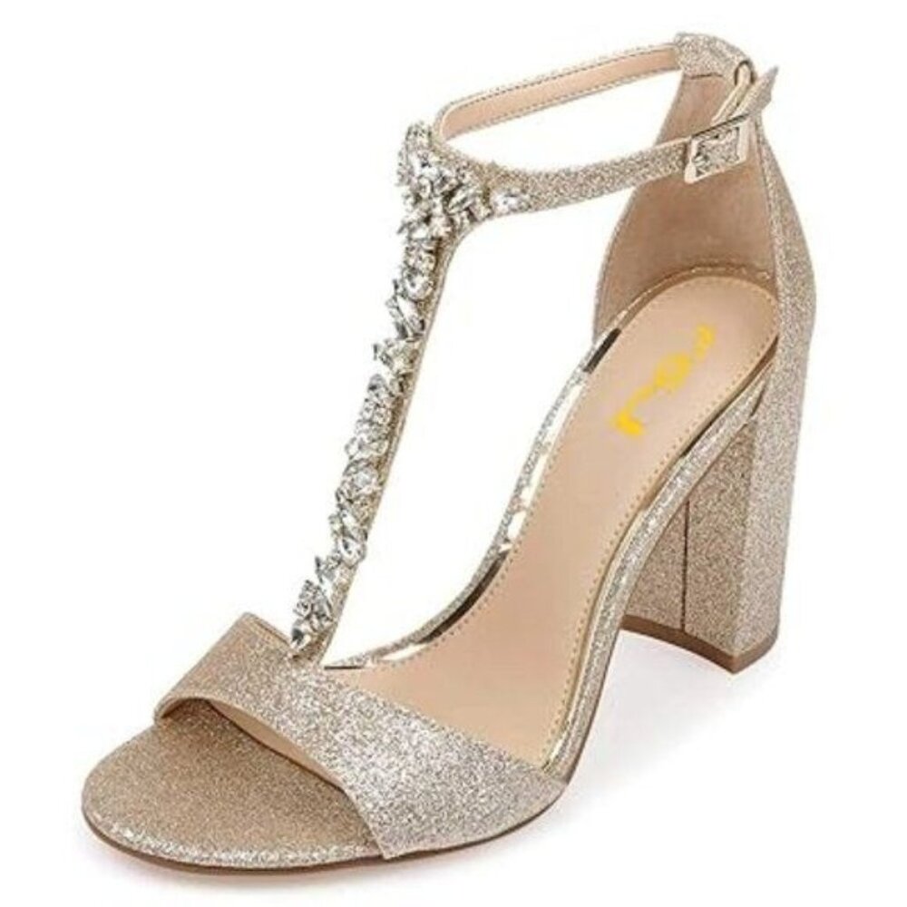 FSJ Women Wedding T Strap Open Toe Sandals Rhinestones Crystal Studded Chunky